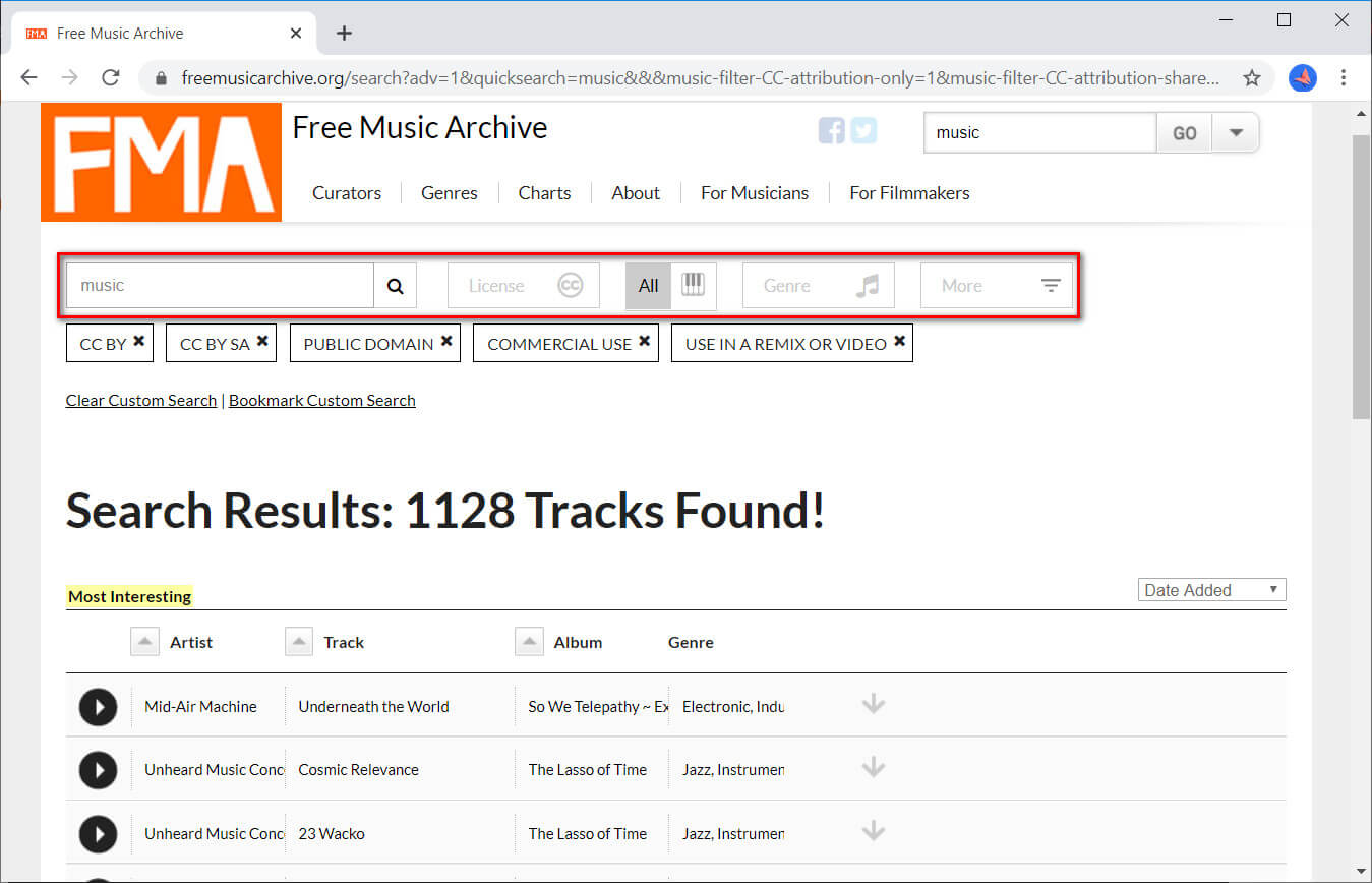 Free Music Archive interface