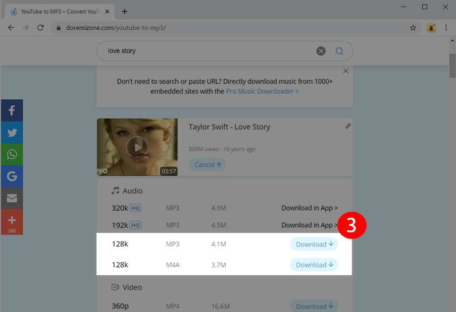 YouTube to MP3 Converter music formats selection