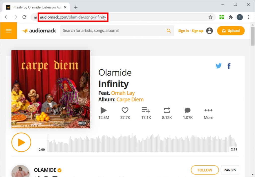 Copie o link do site da Audiomack