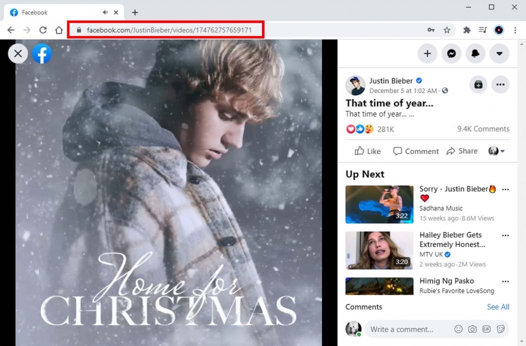 Copie o URL do vídeo do Facebook