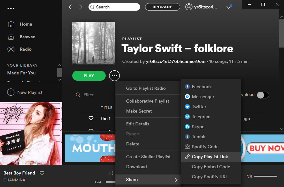 Copiar link da lista de reprodução Spotify