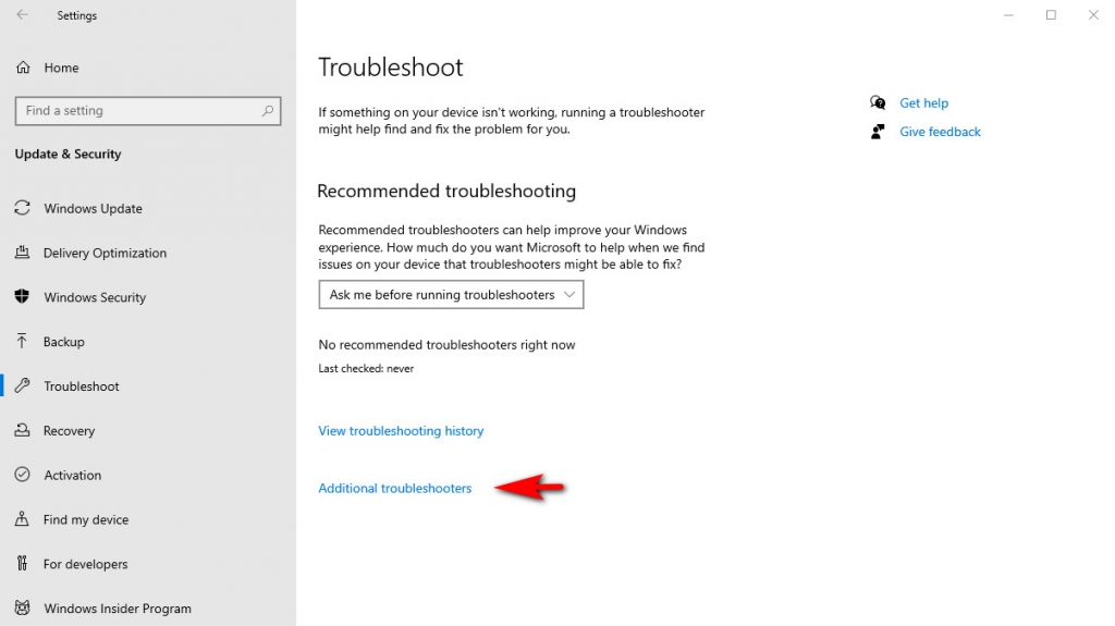 Open Additional troubleshooters