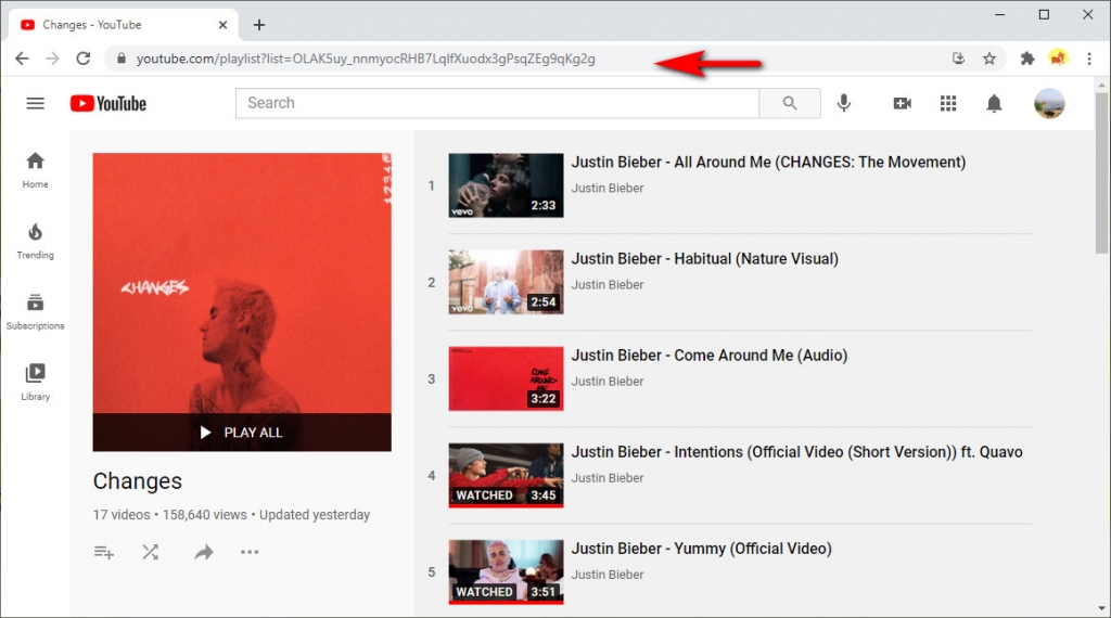 Copia l'URL di una playlist di YouTube