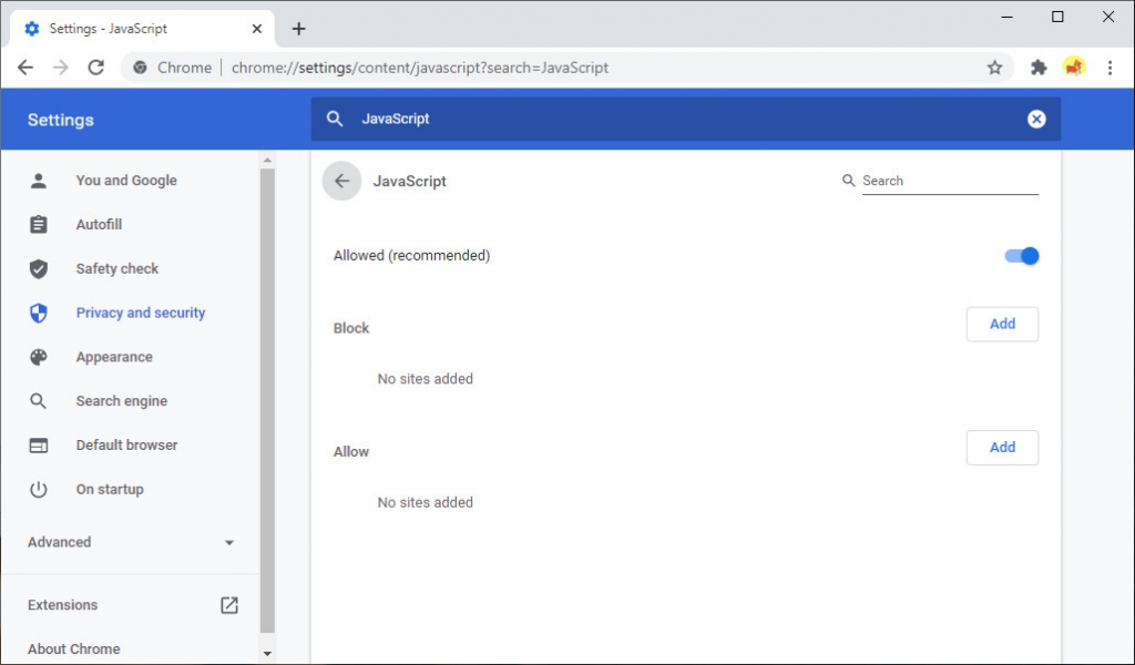 Press Alt + JavaScript settings interface