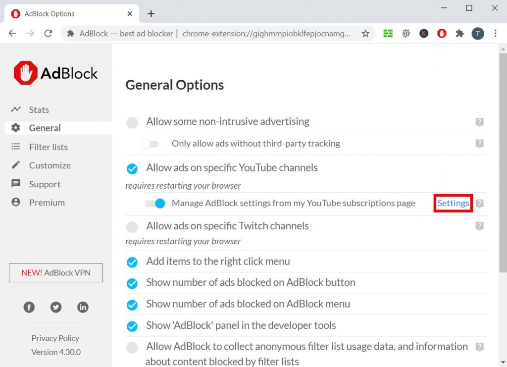 Verifique se o AdBlock foi pausado